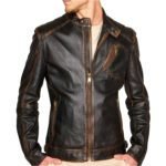 Durham Waxed | Men's Black Leather Biker Jacket with Brown Accents