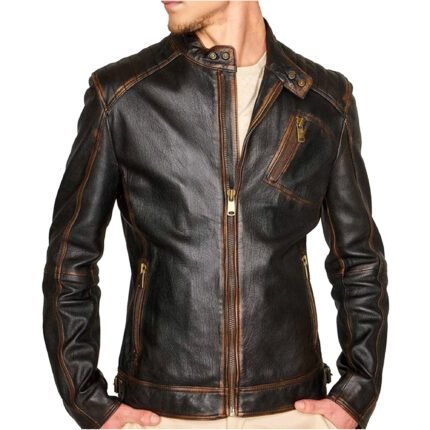 Durham Waxed | Men's Black Leather Biker Jacket with Brown Accents