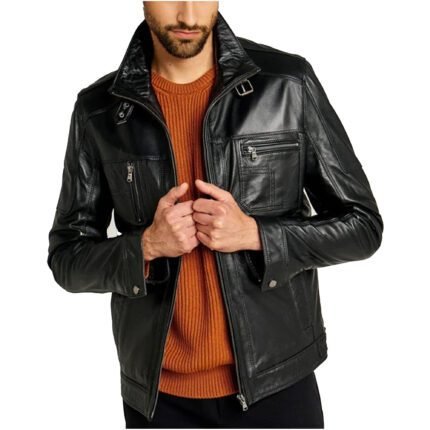 Rockafella | Men's Black Sheepskin Leather Biker Jacket