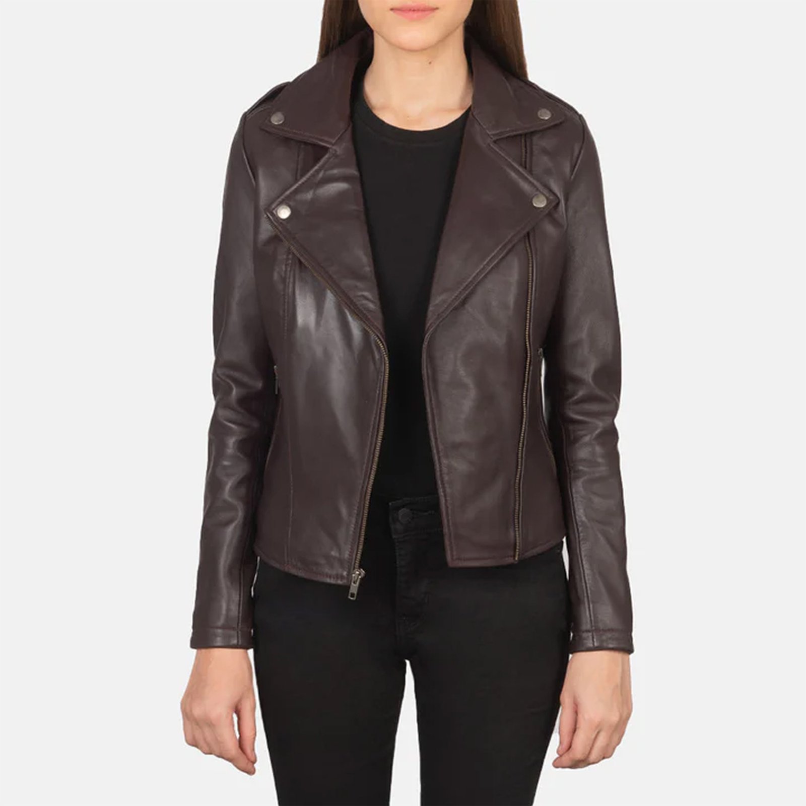 03 Flashback Maroon Leather Biker Jacket - Image 1