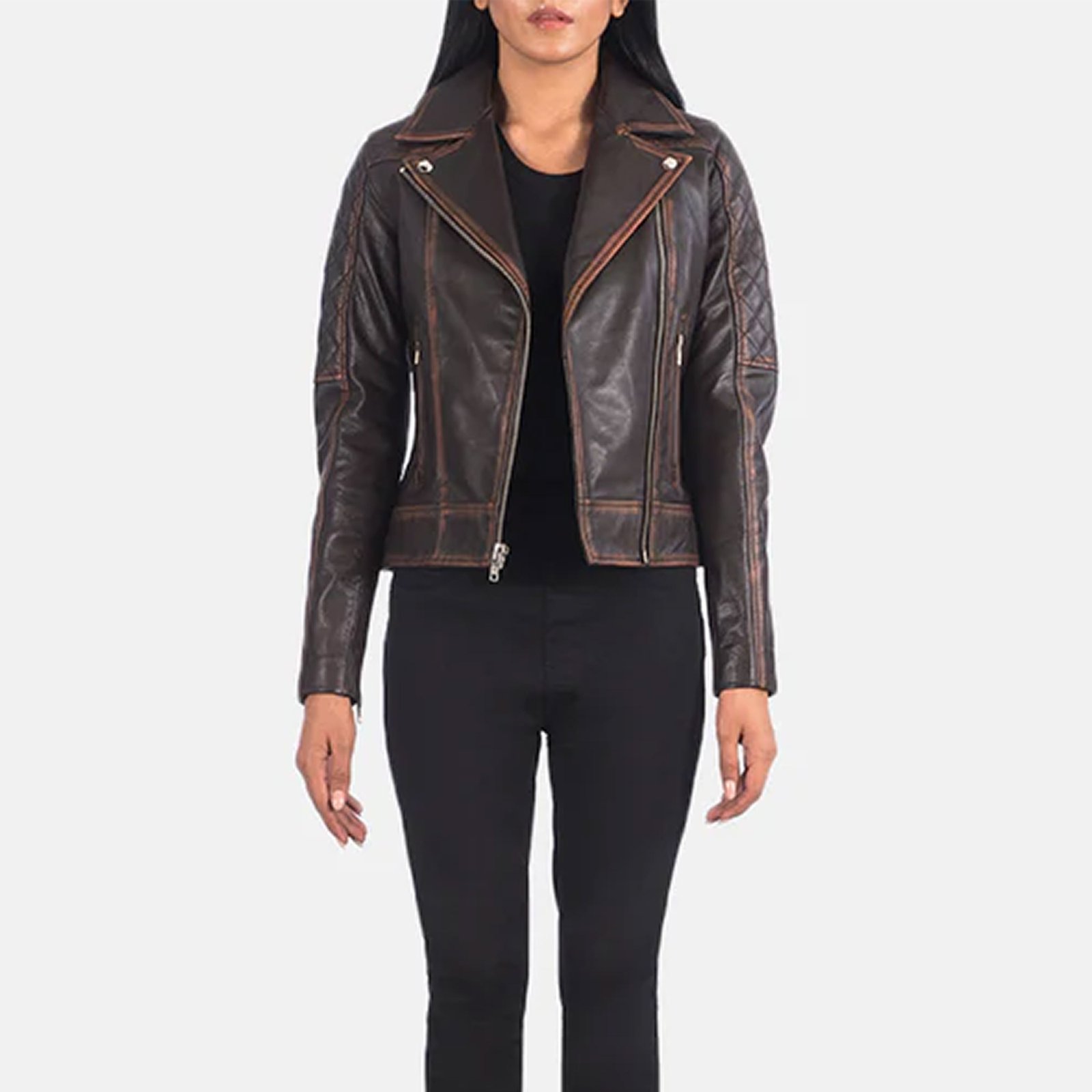 03 Carolyn Quilted Vintage Brown Biker Jacket - Image 1