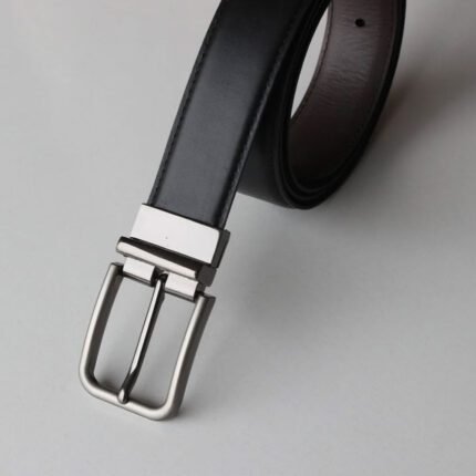 Formal Black/Brown Leather Belt-Premium Silver Reversible Buckle