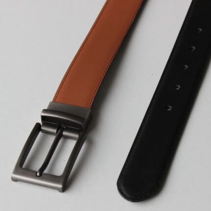 Formal Black/Tan Leather Belt-Classic Slim Reversible Buckle