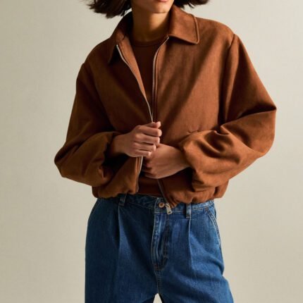 Tan Faux Suede Bubblehem Bomber Jacket