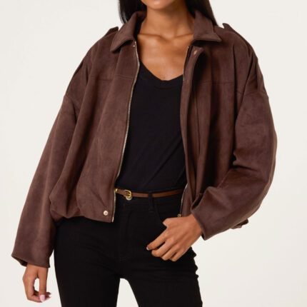 Blue Vanilla Dark Brown Faux Suede Puffball Hem Jacket
