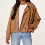 Blue Vanilla Tan Faux Suede Puffball Hem Jacket