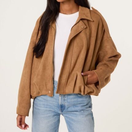 Blue Vanilla Tan Faux Suede Puffball Hem Jacket