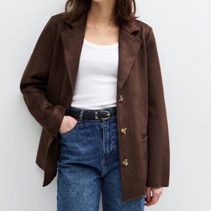 Dark Brown Faux Suede Button Up Jacket